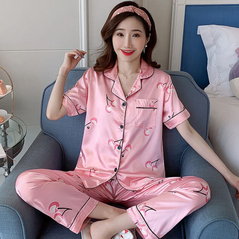 Short Sleeve Silk Pajamas Soft Women Summer Home Set Girl Sleepwear Pyjamas 3XL 4XL 5XL 85kg Nightwear Set Women Pjs