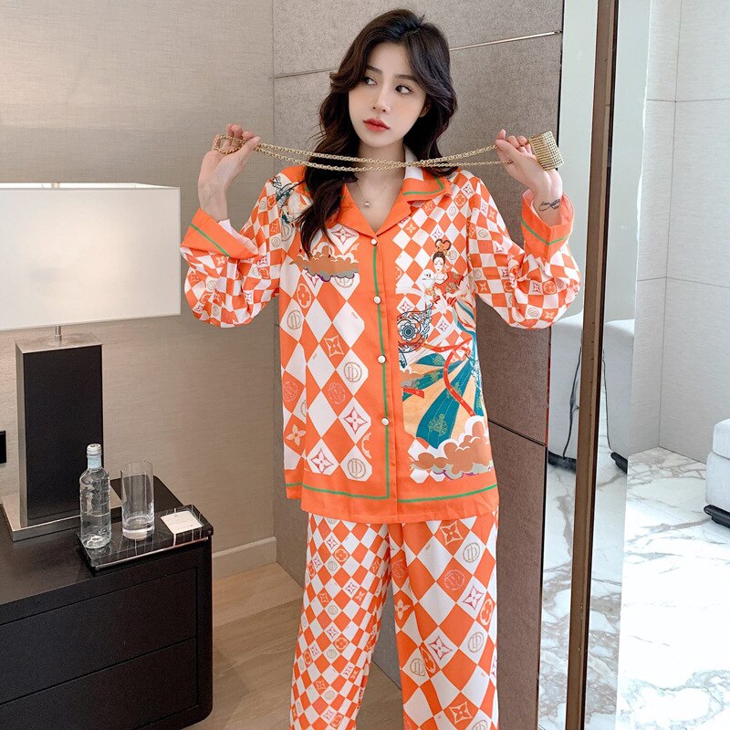 Pajamas Women's Ice Silk 2023 Spring New Long Sleeve Trousers Suit Cartoon Dream Rotating Carriage Home Wear