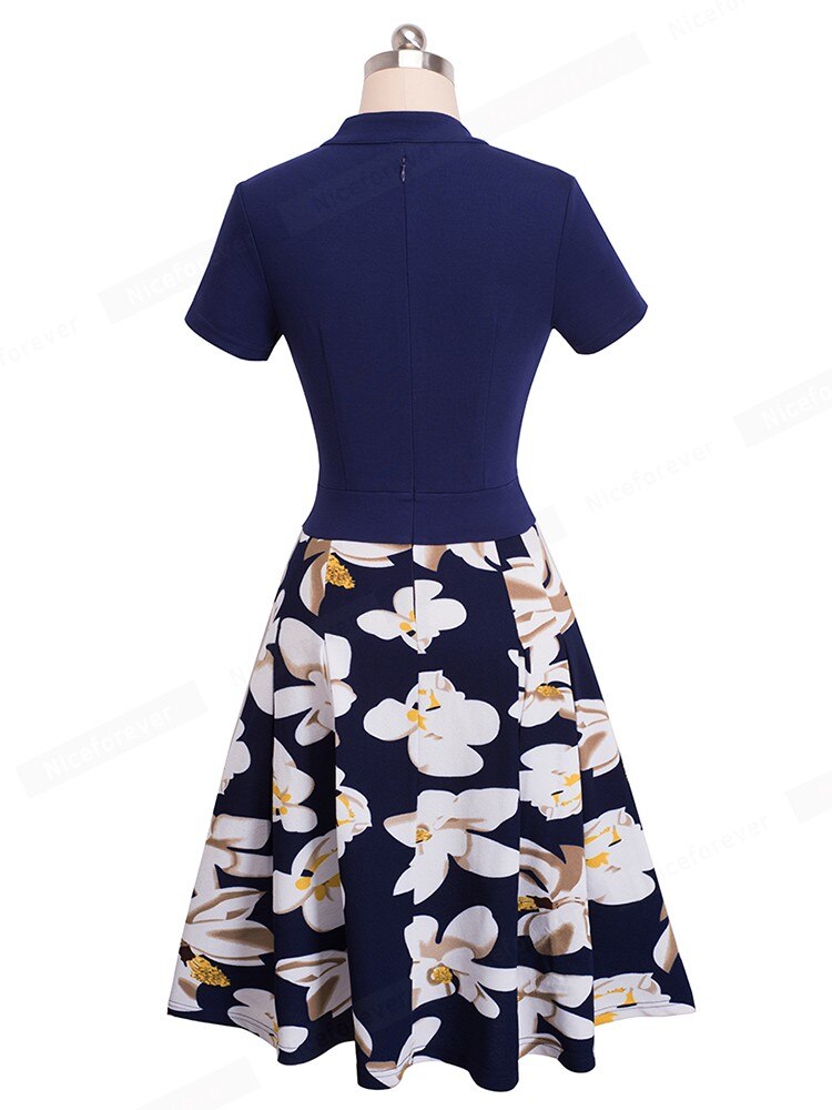 Nice-forever Summer Women Elelgant Floral Patchwork Print Dress Casual Retro A-Line Swing Flare Dress A036