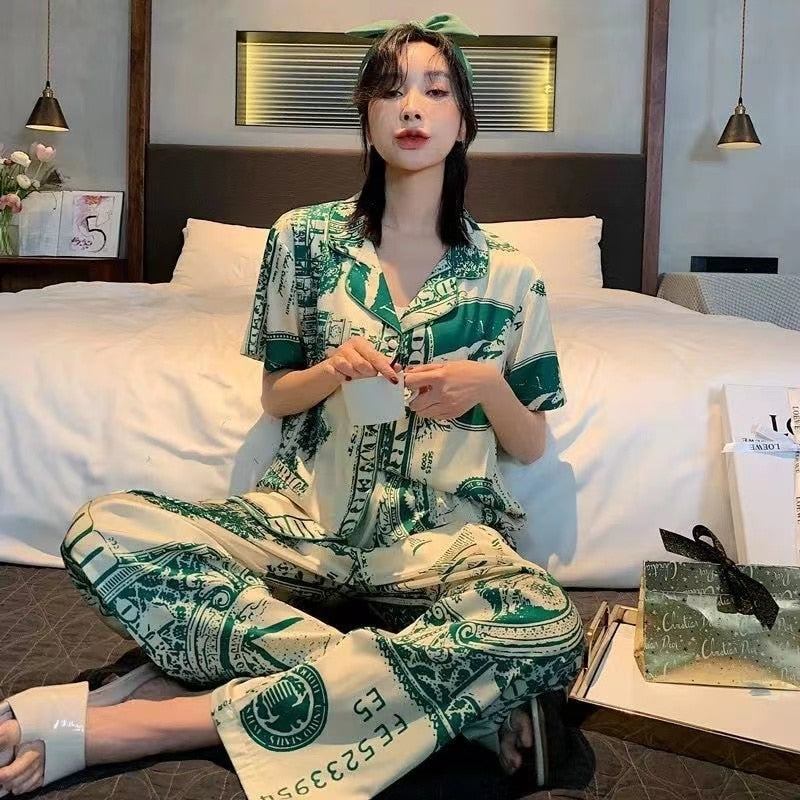 Silk Pajamas Women's Summer Ice Silk Leopard Print Sexy High-end Luxury Casual Home Wear Ladies Long-sleeved Trousers Suit