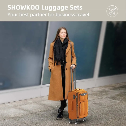 SHOWKOO Luggage Sets 3 Piece Softside Expandable Lightweight Durable Suitcase Sets Double Spinner Wheels
