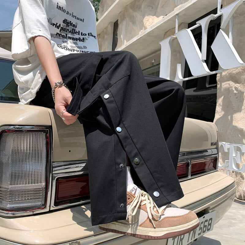 Purple Wide Leg Hip Hop Cargo Pants Button Decor Men Casual Cotton Pants Loose Baggy Trousers Streetwear Joggers Men Clothing