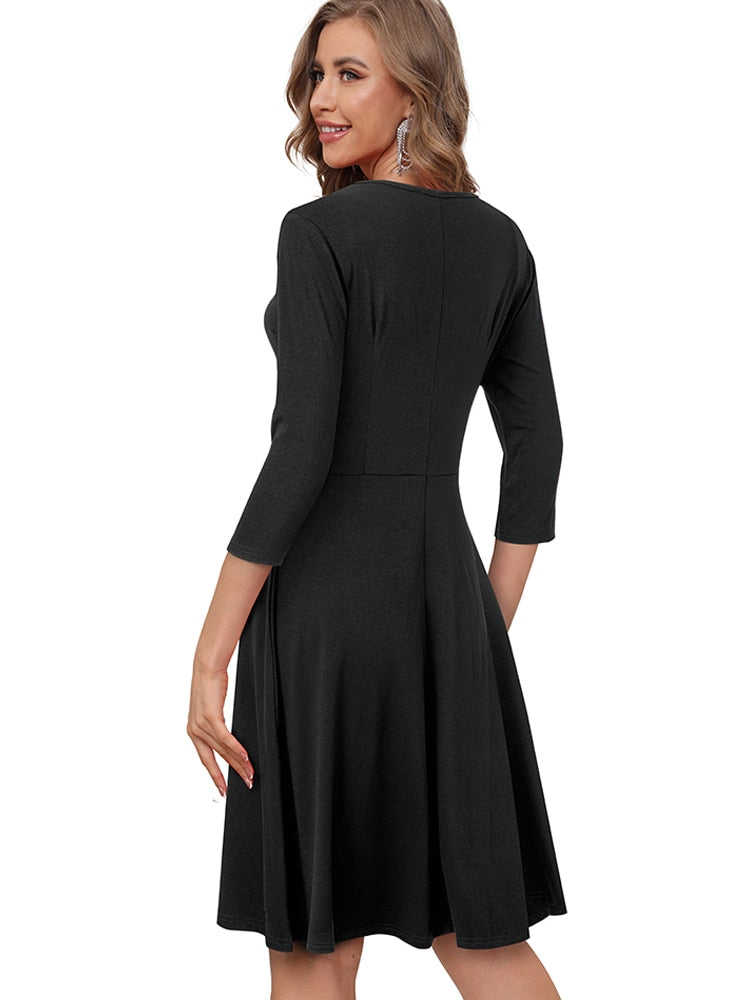 Nice-Forever Autumn Women Classy Contrast Color Patchwork Dresses Casual Party Elegant Flare Dress A320