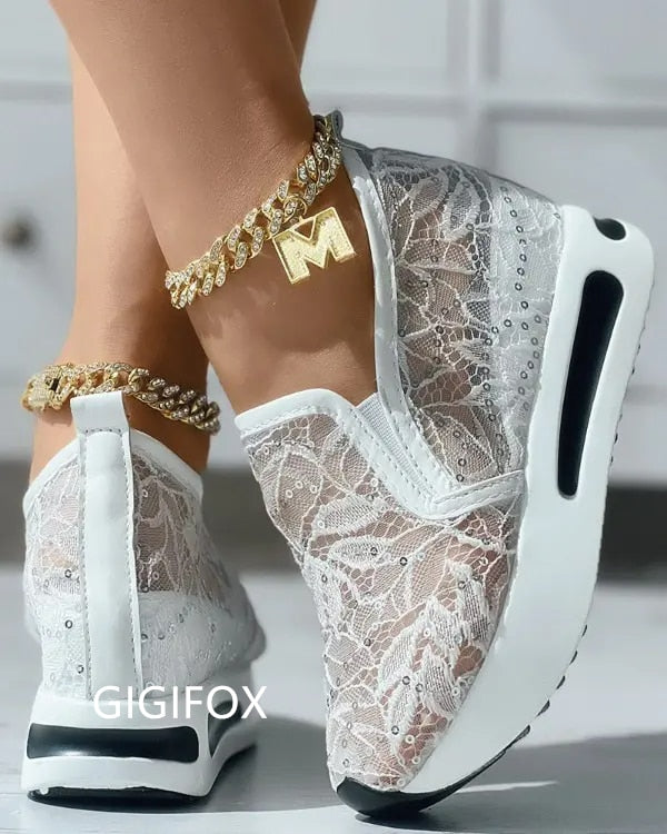 GIGIFOX Platform Wedges women&#39;s Sneakers Floral Embroidery Mesh Sneakers For Women Slip On Casual Comfy Heeled Shoes Woman