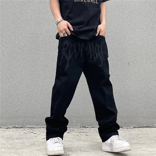 Y2K Black Baggy Jeans Men's New Streetwear American Retro Printed Letter Pants Straight Hip-hop Loose Denim Trousers
