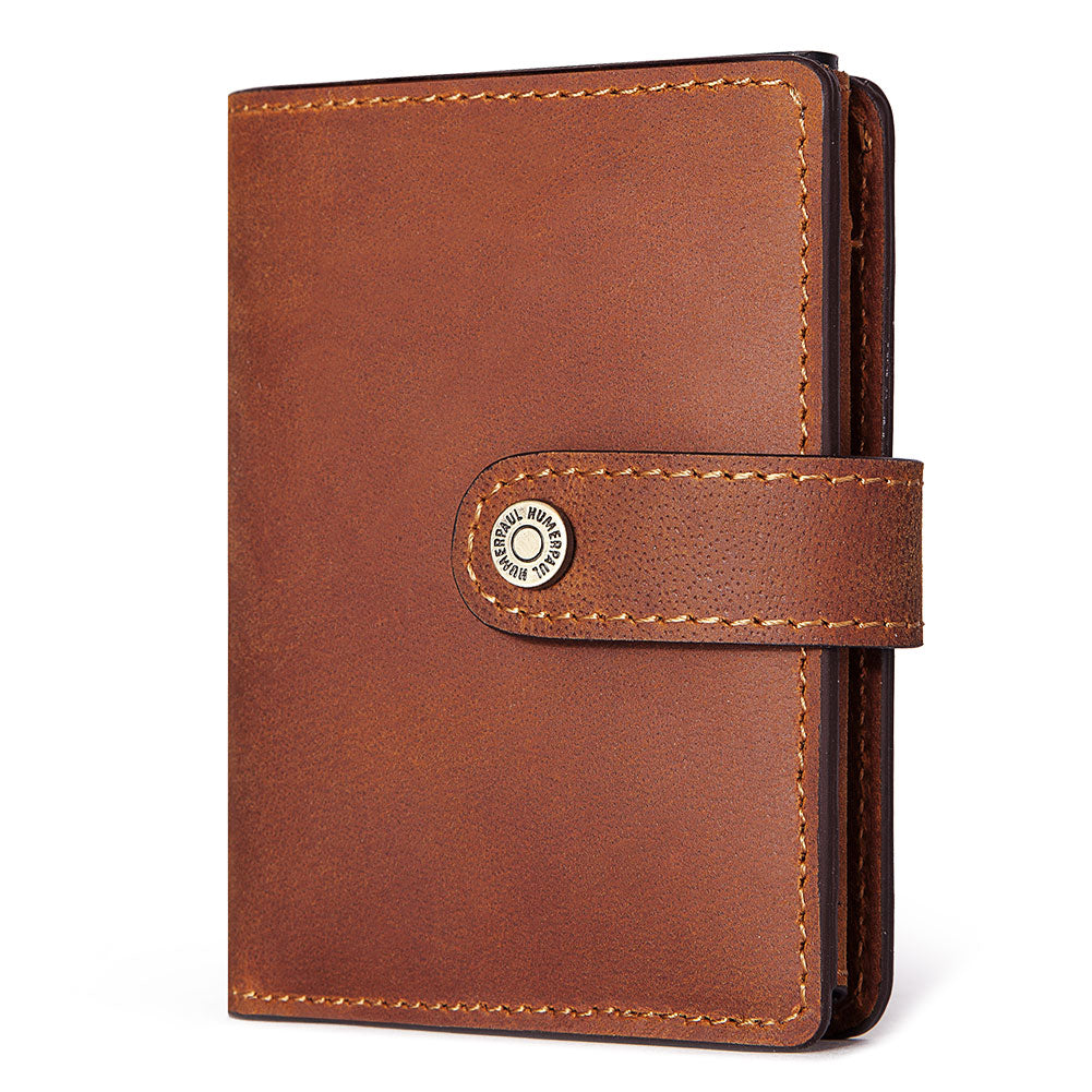 HUMERPAUL Crazy Horse Leather Mens Wallet with RFID Blocking Card Holder Mini Metal Pop Up Wallets Zipper Coin Pocket for Male