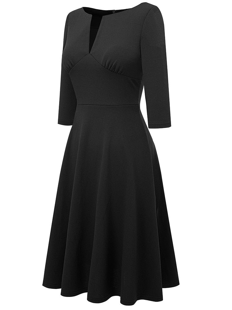 Nice-forever Spring Women Classic Solid Color Elegant Low Cut Dresses Formal Party Flare Swing Dress A289