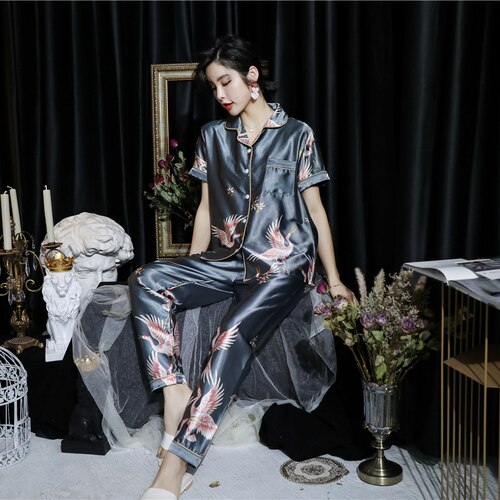 Short Sleeve Silk Pajamas Soft Women Summer Home Set Girl Sleepwear Pyjamas 3XL 4XL 5XL 85kg Nightwear Set Women Pjs