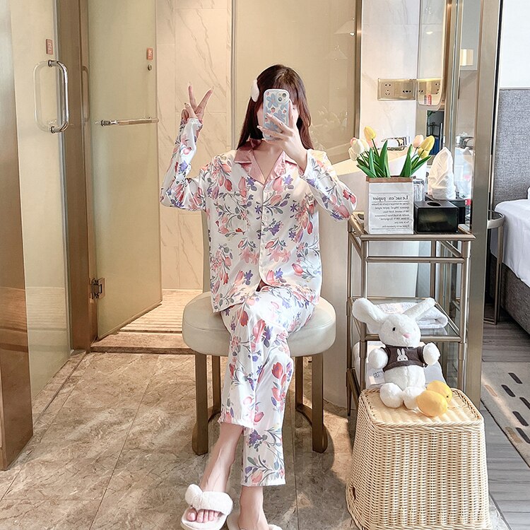 Silk Pajamas Women's Summer Ice Silk Leopard Print Sexy High-end Luxury Casual Home Wear Ladies Long-sleeved Trousers Suit