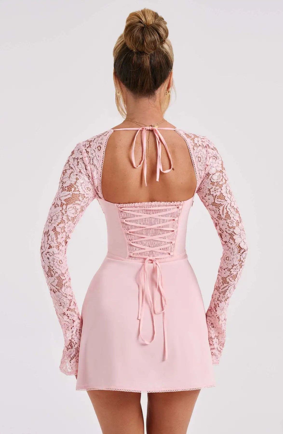 Women’s Elegant Bodycon Mini Dress Lace Long Sleeve White Dress for Spring Summer Low Cut Back Tie Dress Tunic Dress Party Wear