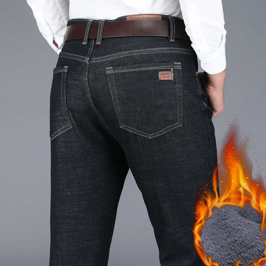 New Winter Men's Warm Fleece Thermal Jeans Business Fashion Classic Black Blue Denim Straight Thick Velvet Pants Brand Trousers
