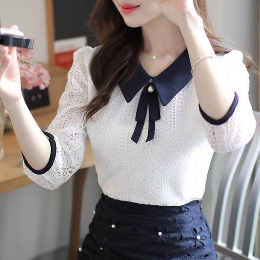 Women's Spring Autumn Style Lace Blouses Shirt Women Peter Pan Collar Solid Color Half Sleeve Elegant Lace Tops SP8676