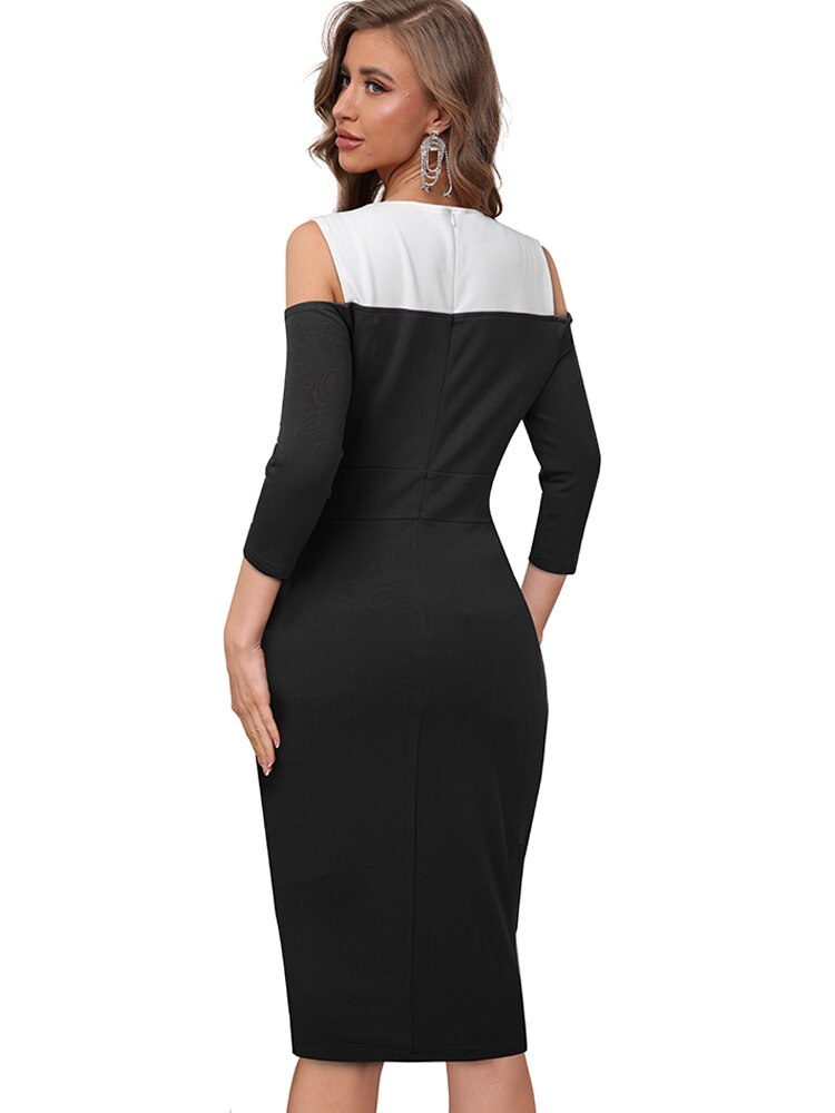 Nice-Forever Autumn Women Fashion Cold Shoulder Patchwork Dresses Casual Party Elegant Bodycon Slim Dress B739
