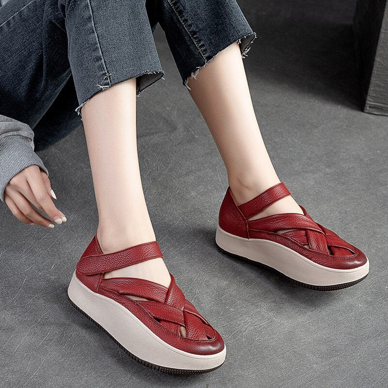 DRKANOL 2023 Fashion Women Sneakers Summer Cross Genuine Leather Hollow Out Breathable Shallow Flat Platform Casual Sneakers