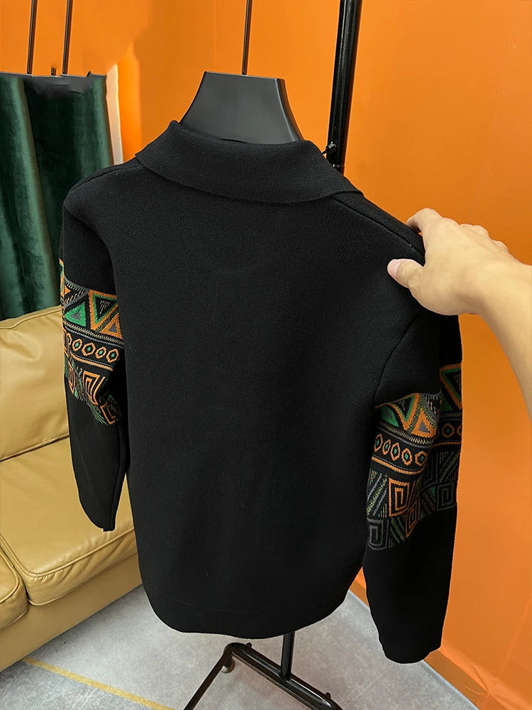 Trendy Jacquard Cardigan Men's Embroidered Sweater 2023 Autumn New Lapel Knitted Sweaters Jacket Outer Slim Jackets Men Clothing