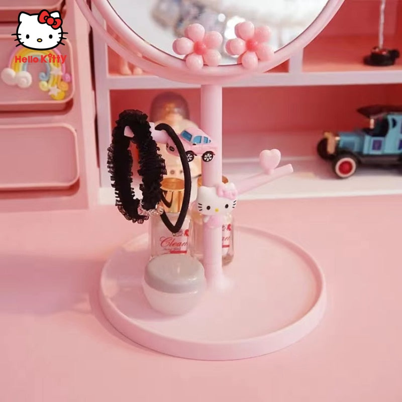 Kawaii Hello Kitty Portable Cartoon Folding Mirror Desk Mirror Round Desk Girl Cute Dressing Mirror Makeup Mirror Handle Mirror
