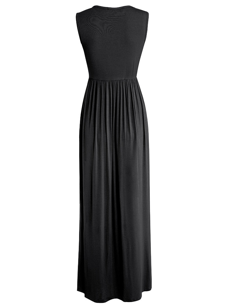 Nice-forever Summer Women Black Color Casual Dresses V-neck Maxi Long Flare Sun Dress btyA162