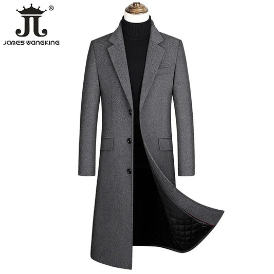 2023 Autumn and Winter Boutique Woolen Black Gray Classic Solid Color Thick Warm Men's Extra Long Wool Trench Coat Male Jacket