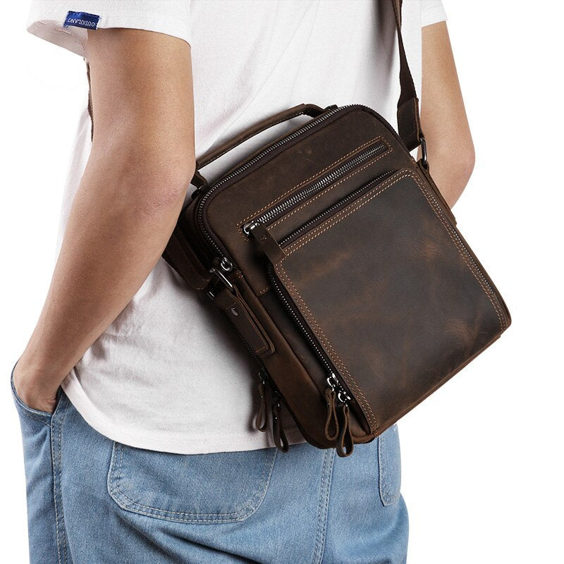 Genuine Leather Man Shoulder Bags Husband Men Crazy Horse Real Leather Messenger Crossbody Bag Side Male Cross Body Bags 2023