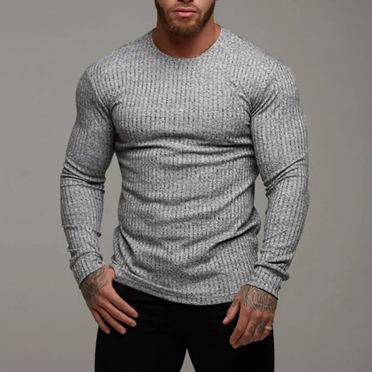 Spring Autumn Knitted Sports Long-sleeved Men's Slim Fit Round Neck Running T-shirt Men Casual Gym Training Bodybuilding Tops