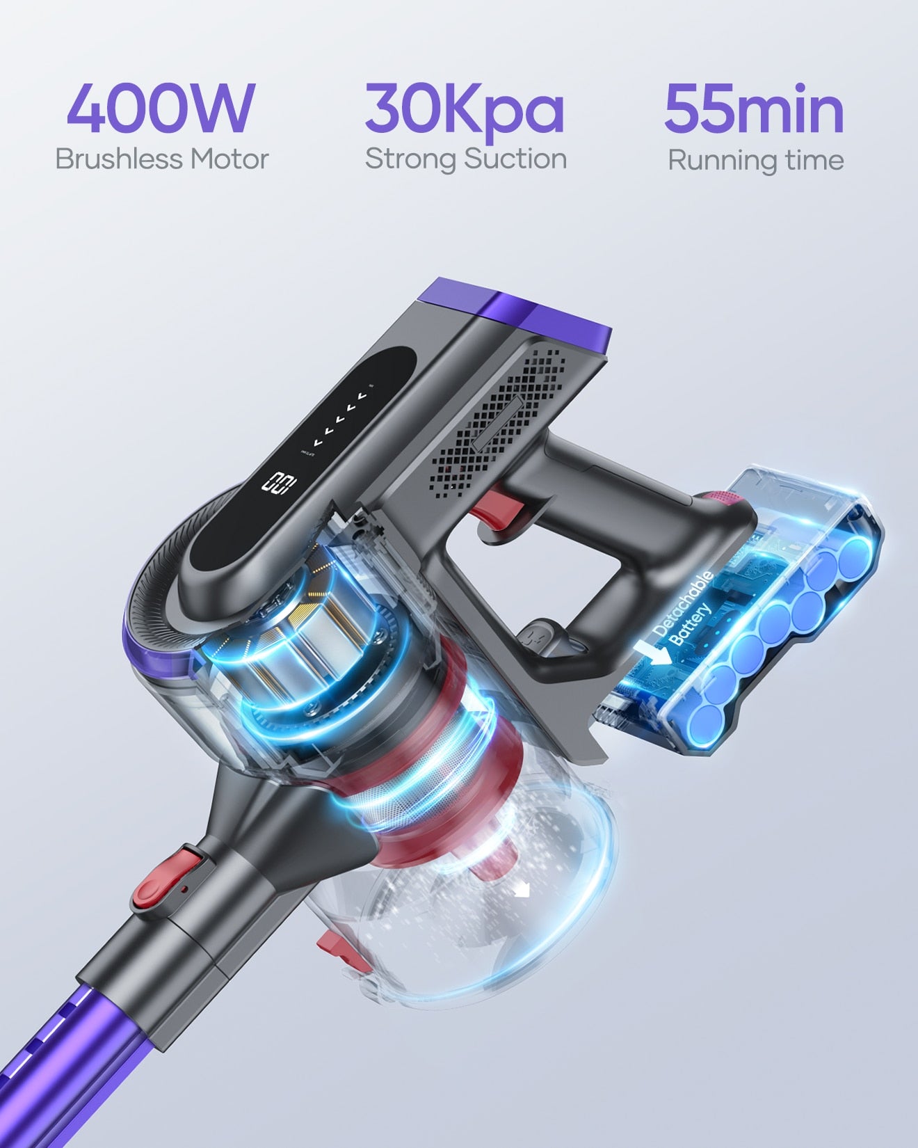 aspiradora 400W 33000Pa Powerful Cordless Vacuum Cleaner Wireless Handheld For Home Appliance with Touch Screen 55 Min Runtime