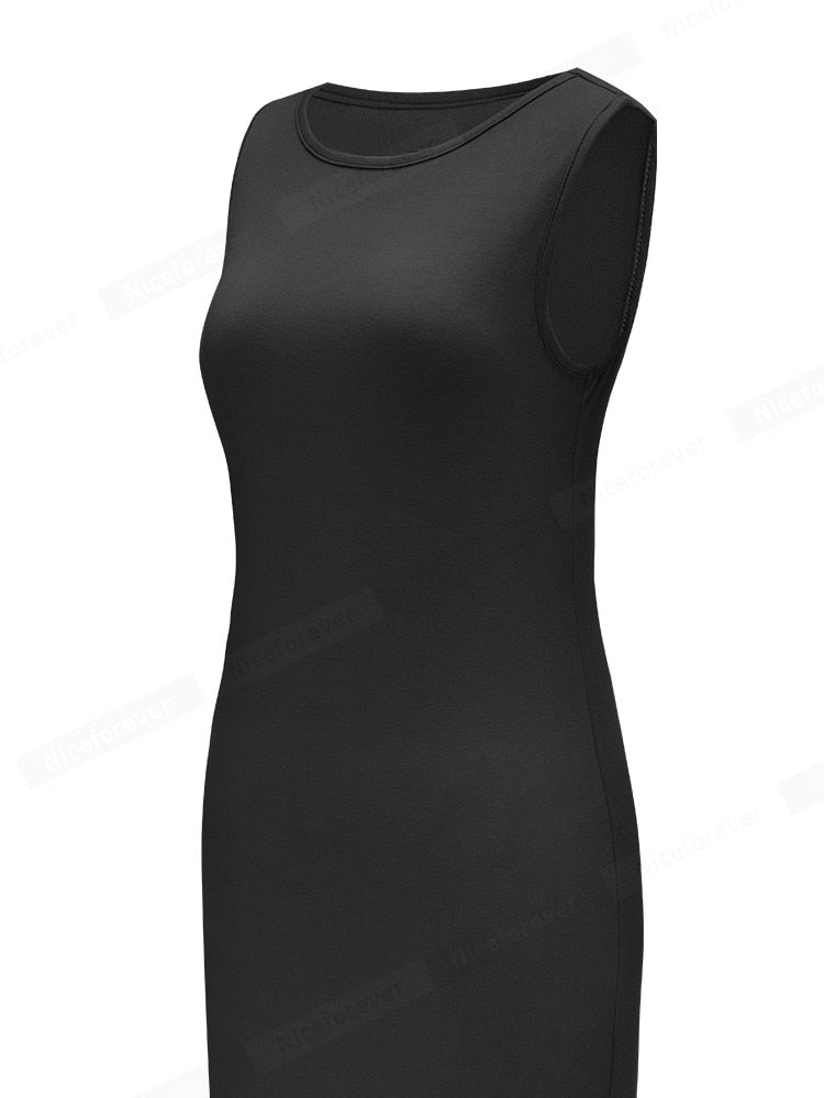 Nice-forever Summer Women Fashion Green Color Midi Dresses Casual Side Split Slim Straight Dress B634