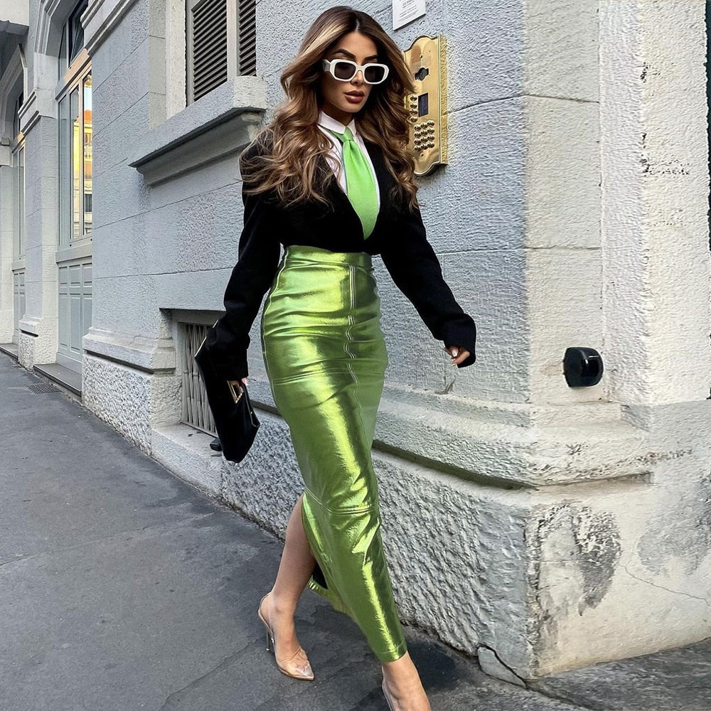 Sexy Sparkly Slit Long Skirts Women High Waist Metallic Green Slim Maxi Skirt 2023 Summer Harajuku Elegant Fairy Grunge Clothes
