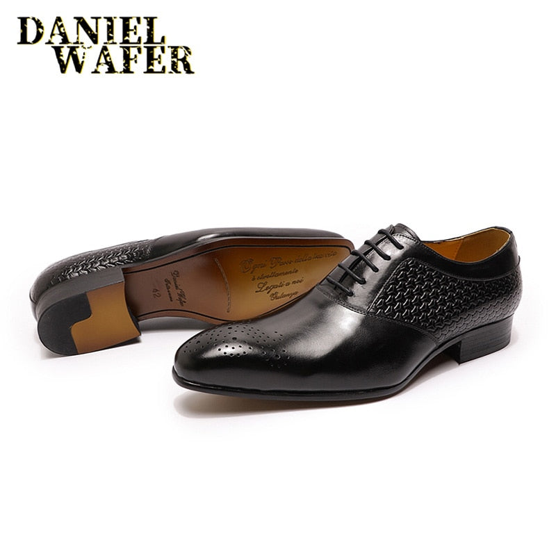 Luxury Mens Oxford Shoes Genuine Leather Prints Brown Black Lace-Up Pointed Toe Office Wedding Dress Formal Oxford Shoes for Men