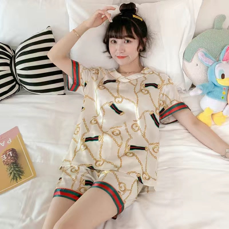 Ice Silk Pajamas Thin Section Sweet Silk Plus Size Home Clothes Two-piece Suit Sexy Satin Pajamas Sleepwear