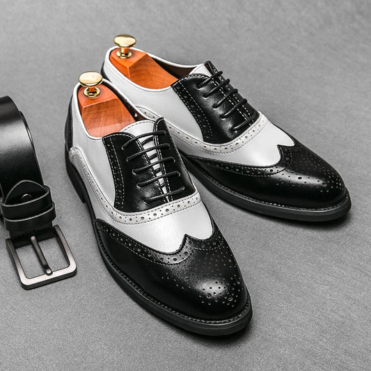 Brogue Shoes for Men Black White Lace-up Round Toe Men's Formal Shoes Handmade Size 38-48 Men Shoes