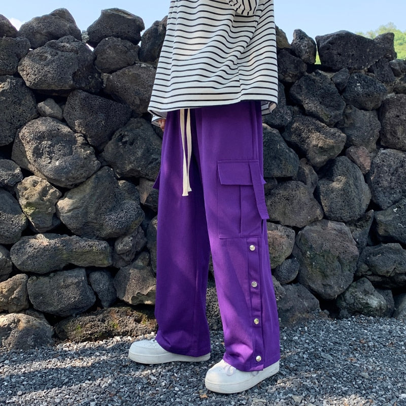 Purple Wide Leg Hip Hop Cargo Pants Button Decor Men Casual Cotton Pants Loose Baggy Trousers Streetwear Joggers Men Clothing