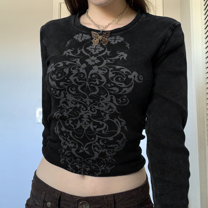 Ins American Retro Style Print Round Neck Slim Long Sleeves