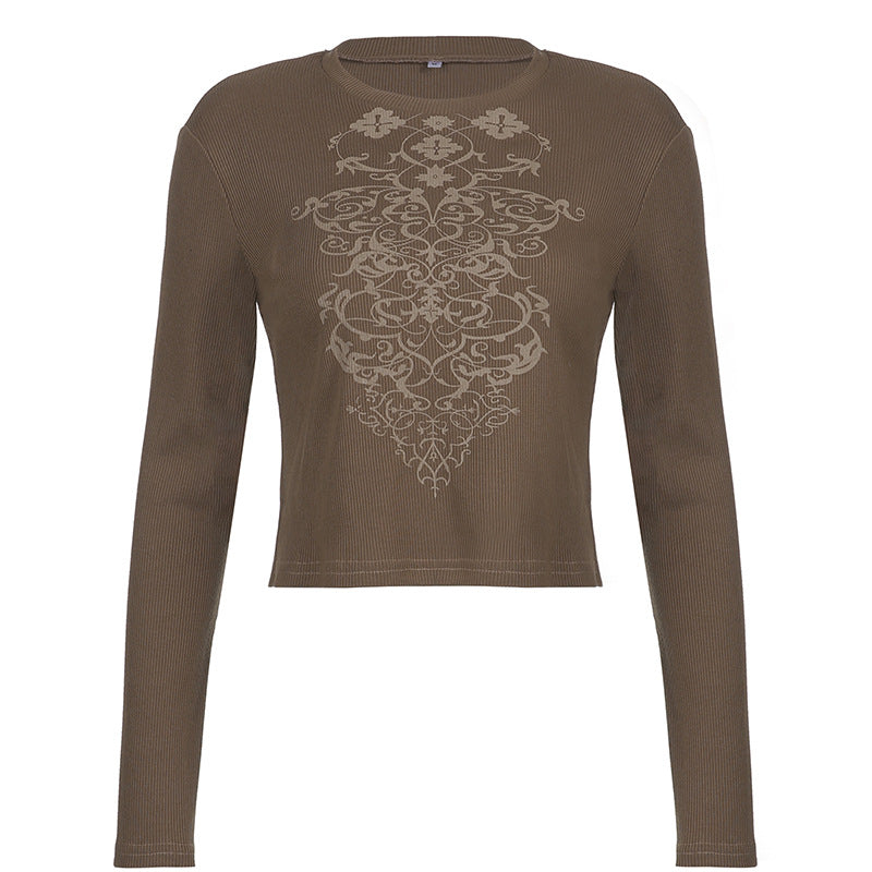 Ins American Retro Style Print Round Neck Slim Long Sleeves