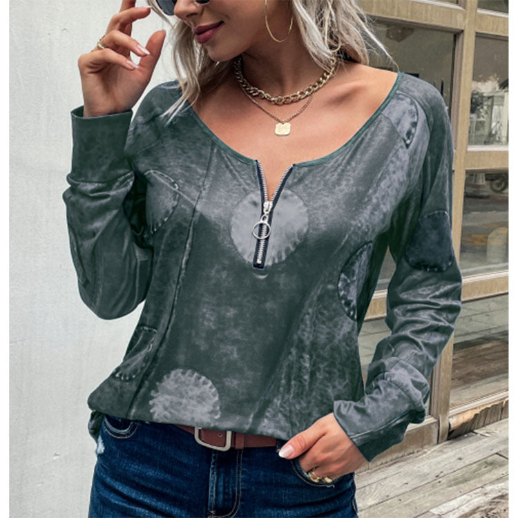 New National Style Xerography Flower Zipper Long Sleeves