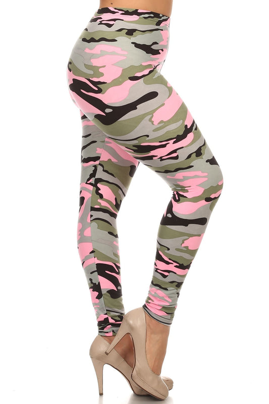 Plus Size Camouflage Printed Knit Legging With Elastic Waistband And High Waist Fit