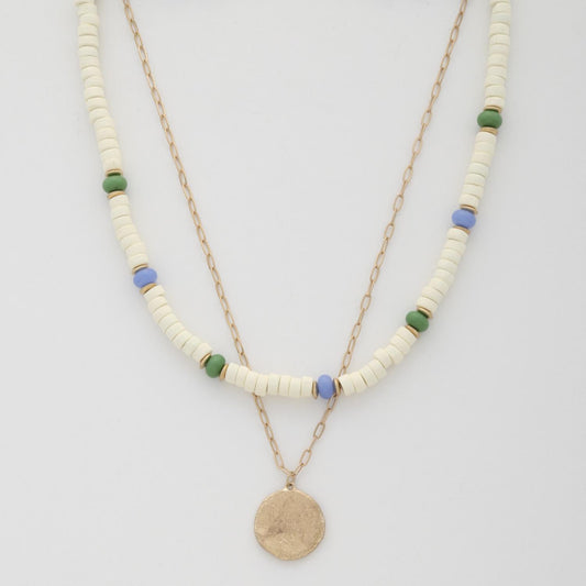 Coin Wood Bead Layered Necklace