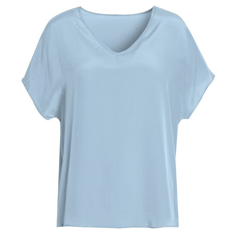 SuyaDream Women T shirt 100%REAL SILK Solid V Neck T Shirt Short Bat Sleeved Casual Shirts 2022 Summer Fall Bottomming Top