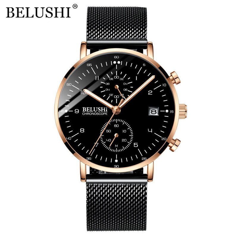 BELUSHI Fashion Men&#39;s Watches Top Brand Luxury Ultra-Thin Mesh Steel Sport Quartz Watch Men Waterproof Clock Relogio Masculino