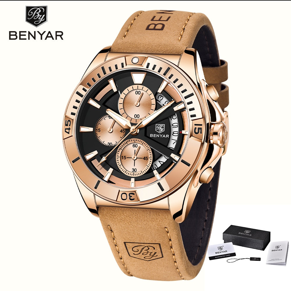 BENYAR Top Brand New Men Watch Stainless Steel Jubilee Watch Band Waterproof 30M Chronograph Luxury Men Quartz Wristwatch reloj