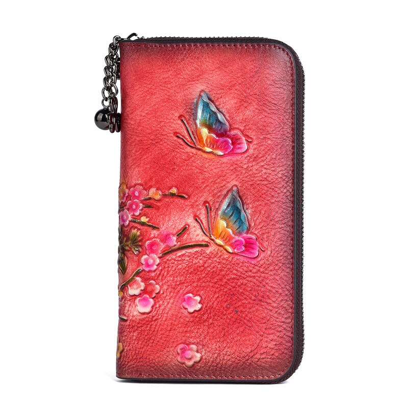 MOTAORA 2022 New Chinese Style Retro Women Wallet Genuine Leather Long Zipper Purse Vintage Handmade Embossed Clutch Card Holder