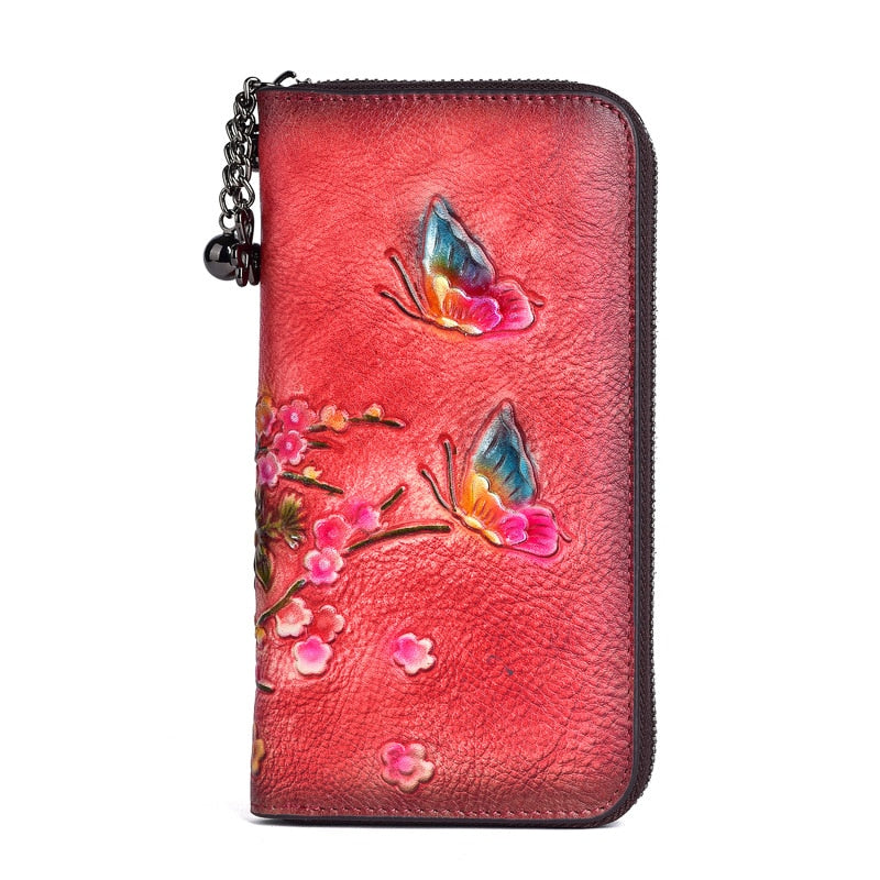 MOTAORA 2022 New Chinese Style Retro Women Wallet Genuine Leather Long Zipper Purse Vintage Handmade Embossed Clutch Card Holder