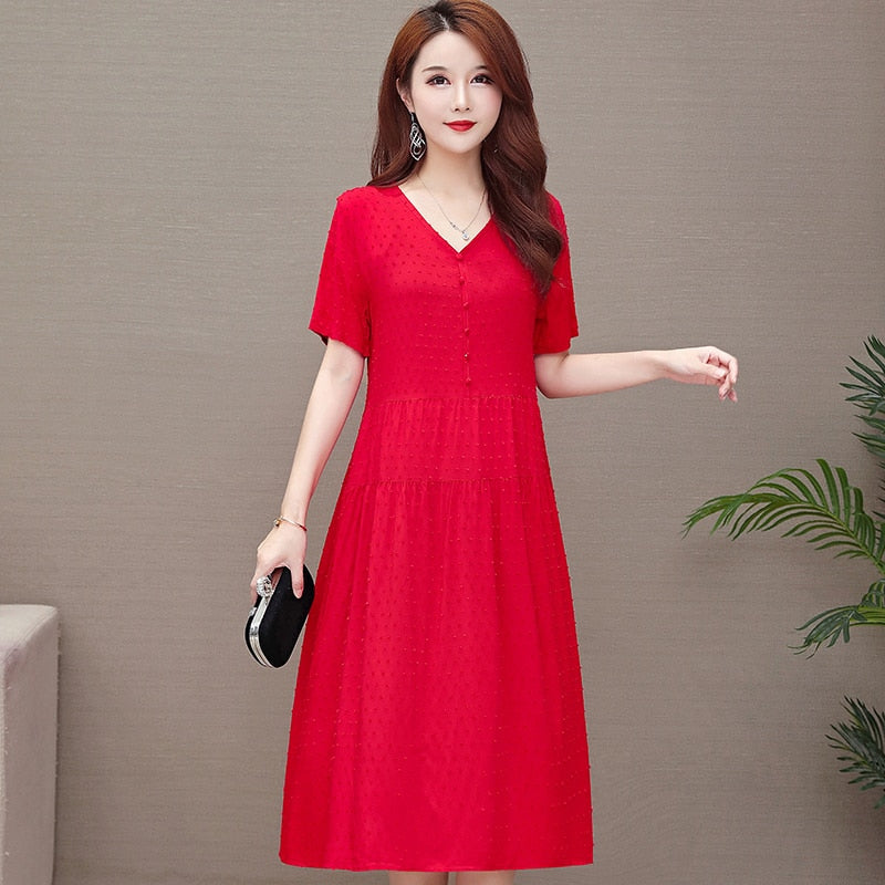 New Fashion Casual Style 2023 Summer Dresses For Women V-neck Cotton Robe Femme Vintage A-line Solid Dress Women Clothing