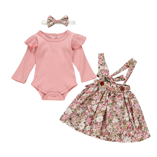 3Pcs Baby Girl Clothes Set Summer Newborn Infant Solid Color Romper Ruffle Floral Dress Overalls Outfit For Toddler Clothing