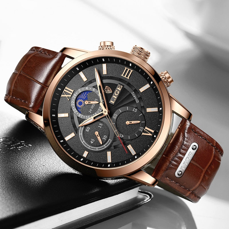 2022 LIGE Men&#39;s Watches Top Brand Luxury Men Wrist Watch Leather Quartz Watch Sports Waterproof Male Clock Relogio Masculino+Box