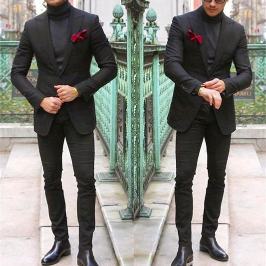 Classy Black Mens Suit Two Pieces Custom Made Wedding Tuxedos Slim Fit Men Formal Wear(Jacket+Pants)
