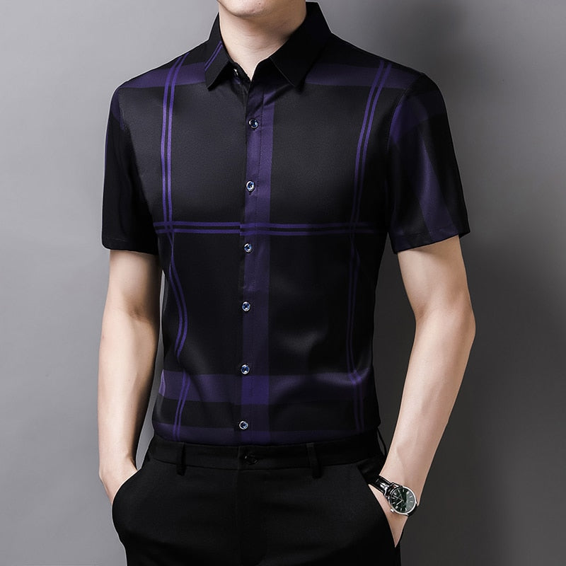2022 New Plaid Shirt Men High Quality Silk Summer Short sleeve Casual Shirts Men Slim Fit Camisa Masculina Drop Shipping C748