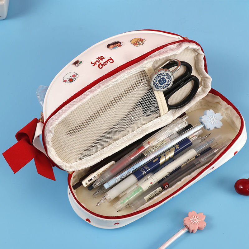 Cherry PU cute pencil case school Stationery storage bag Leather cosmetic bag big pen case gifts for girl pen bag kawaii pen box