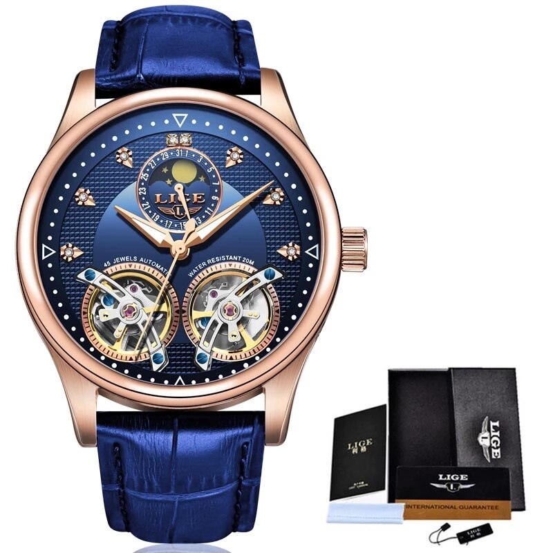 Reloj LIGE Double Tourbillon Switzerland men Watches Automatic Watch men Self-Wind Fashion Mechanical Wristwatch Leather Clock