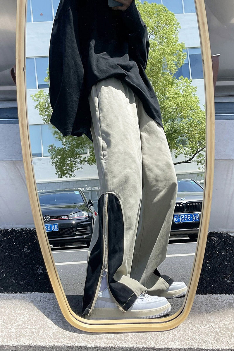 Fashion Side Zipper Casual Wide Leg Pants Khaki/Black Men 2022 Spring Streetwear Loose Straight Pant Mens Patchwork Trousers