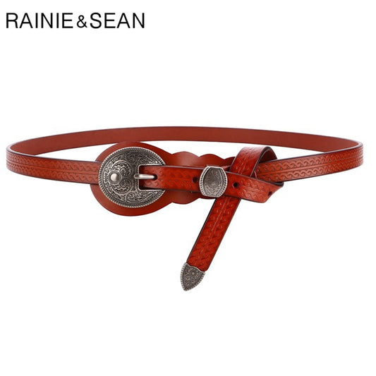 RAINIE SEAN Vintage Belts for Women Cowskin Waist Belt Real Leather Brown Rivet High Quality Brand Women Belt 105cm 110cm 115cm